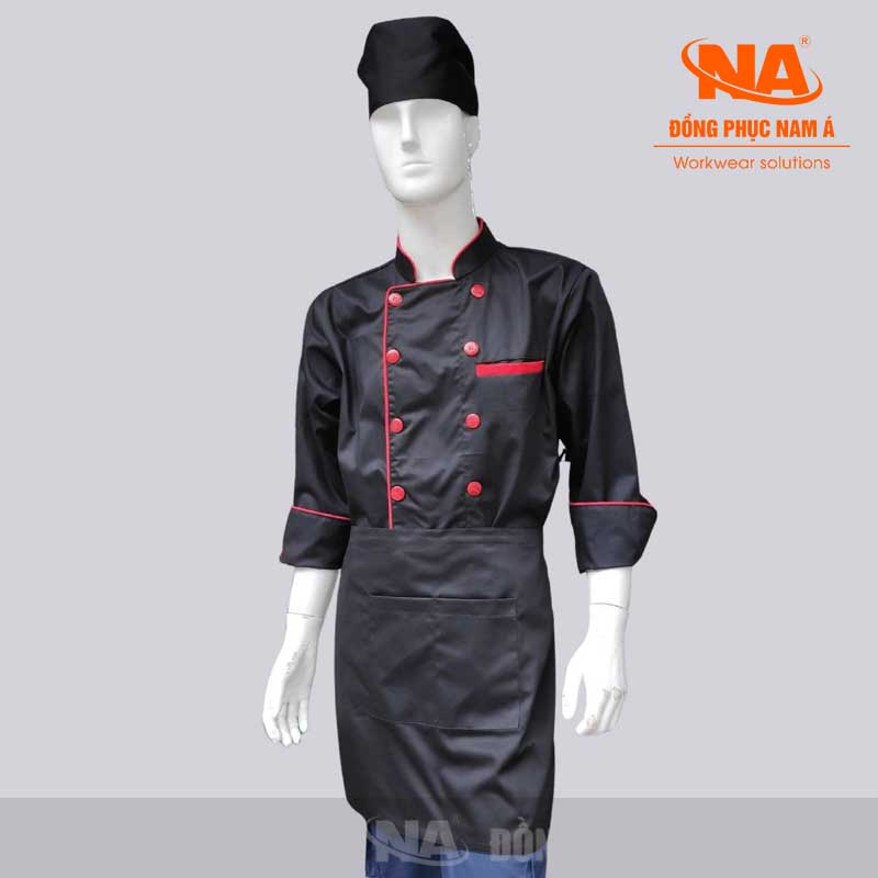 Áo bếp may sẵn màu đen cúc viền đỏ