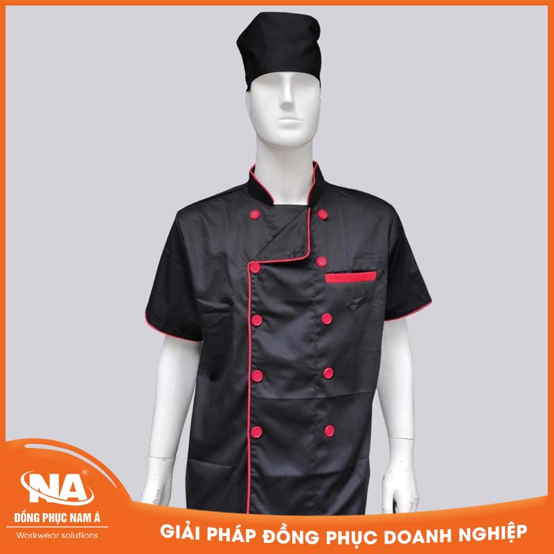 Áo bếp may sẵn màu đen cúc viền đỏ
