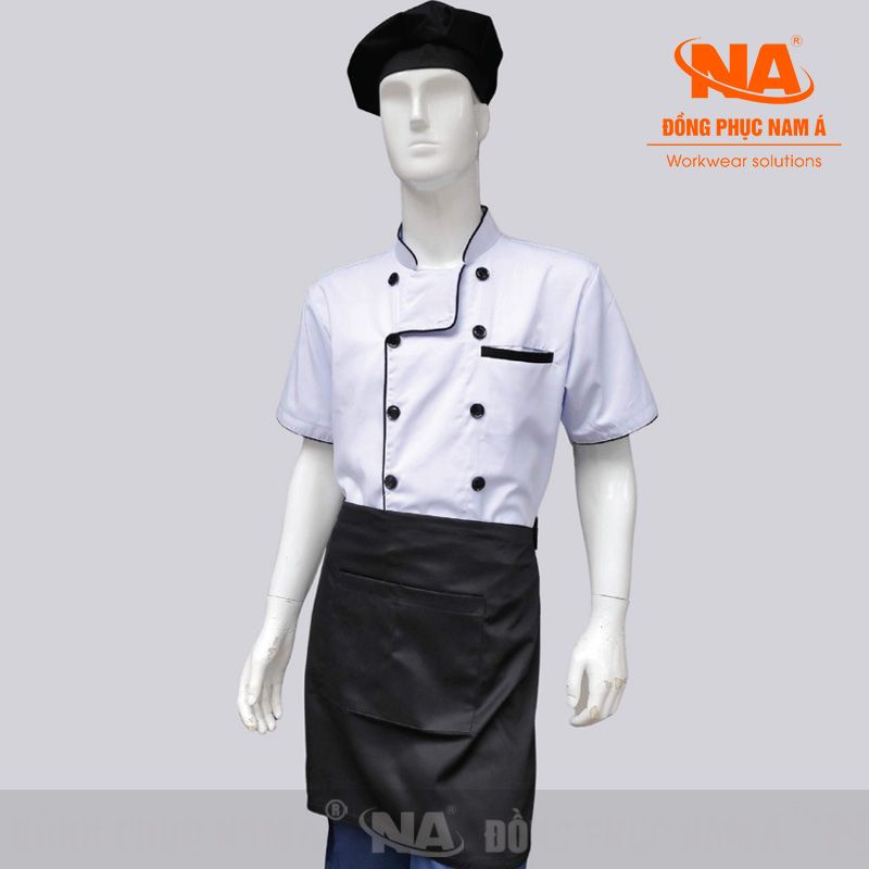 Áo bếp may sẵn màu trắng cúc viền đen